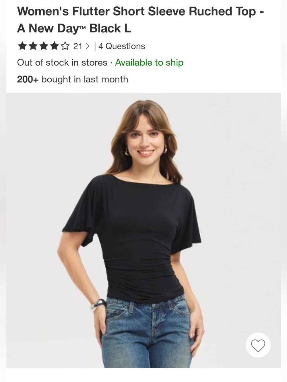 NWT A New Day Flutter Short Sleeve Ruched Top - black